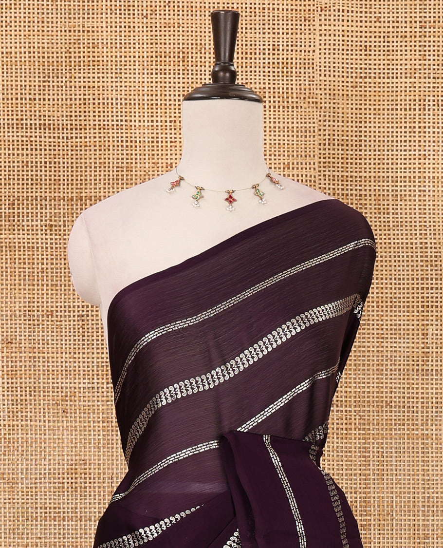 Borderless violet horizontal-style stripes foli printed Fendy chiffon saree