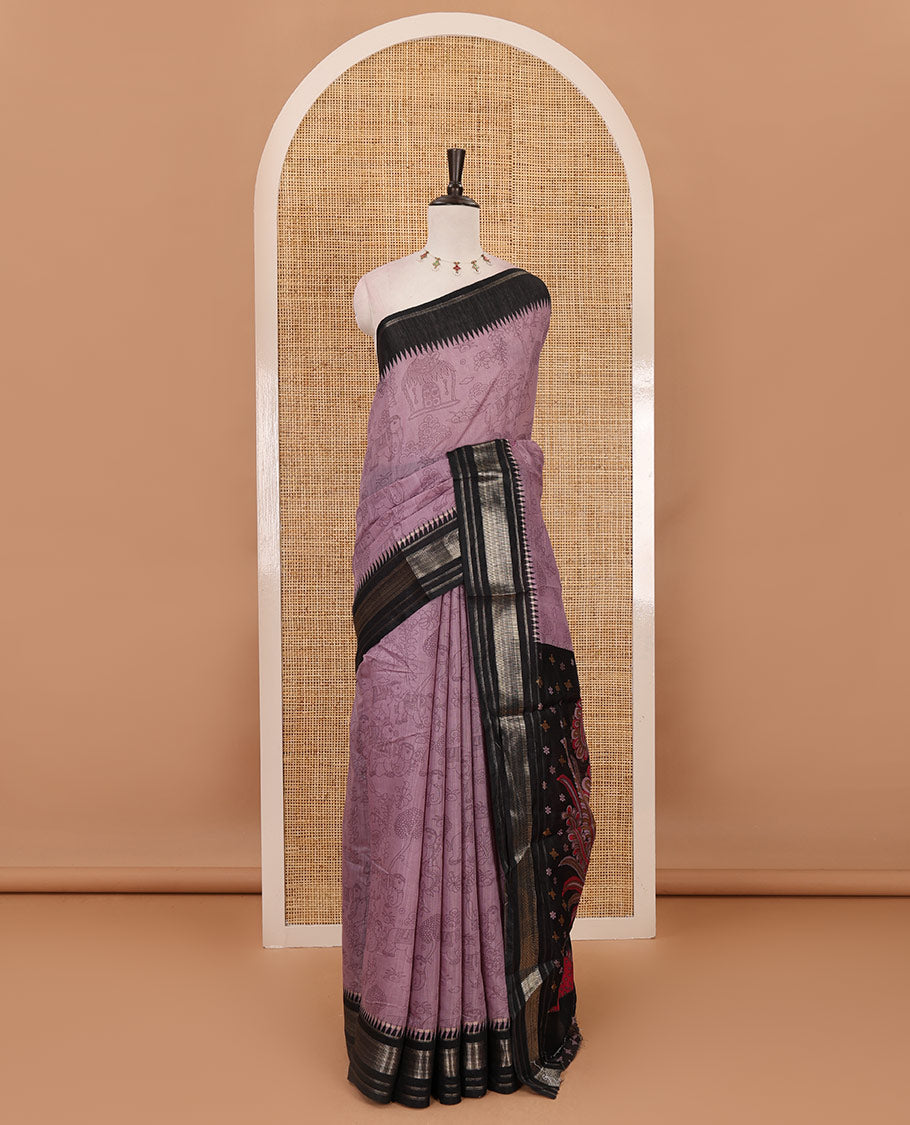 Lavender kalamkari-style flora-fauna printed mercerised cotton saree, contrast temple zari border, kalamkari peacock printed pallu & contrast printed blouse