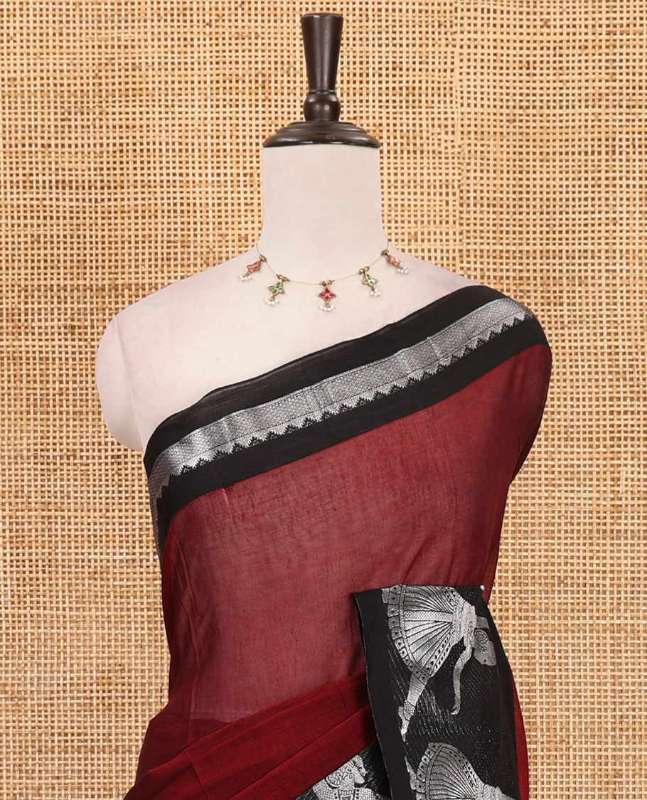 Red full-plain Mercerised cotton saree, contrast sliver zari Dancing Bharatanatyam girl motifs woven border, striped pallu & plain blouse