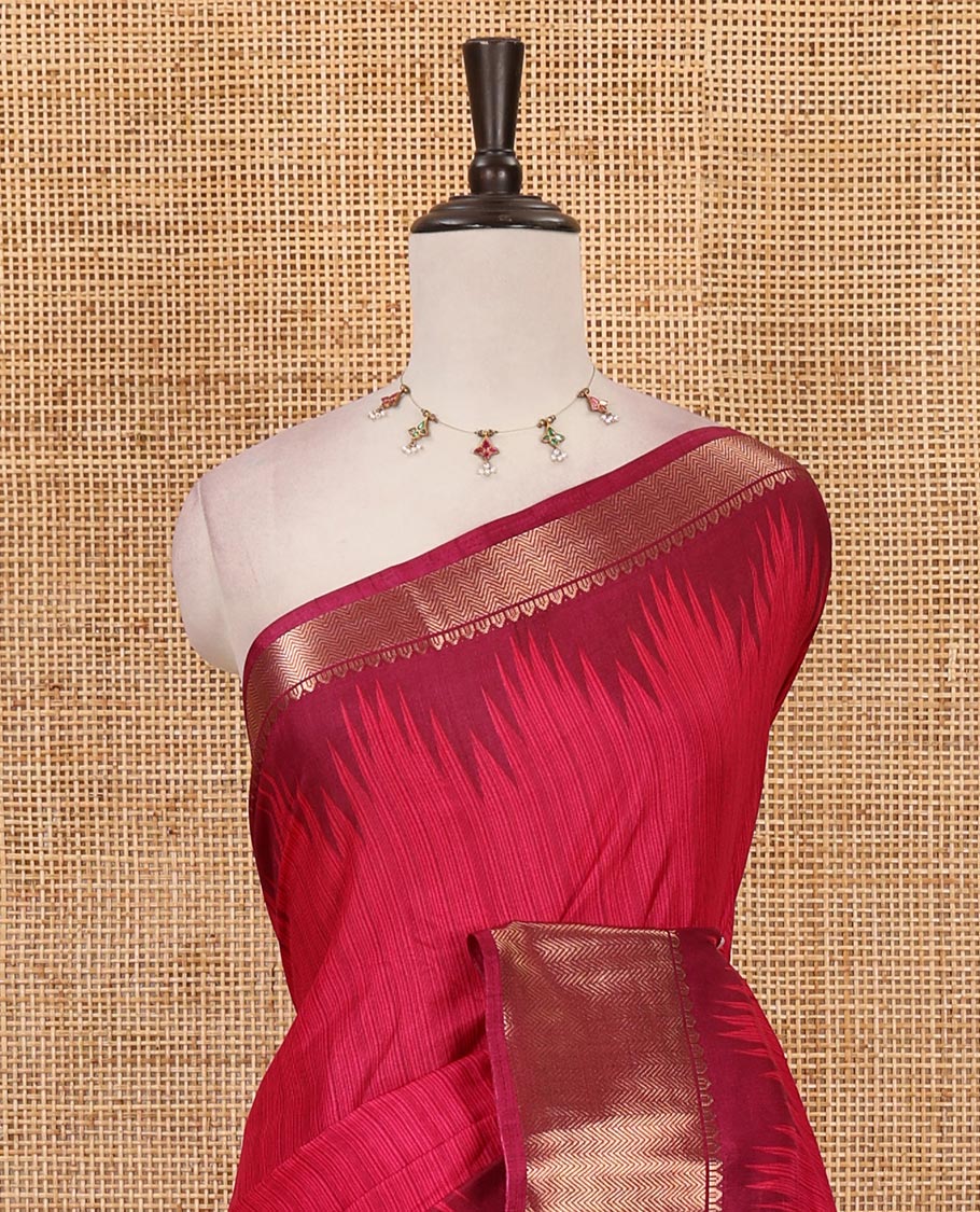 Pink striped dola-tussar saree, contrast temple zari border, patola animal motifs enclosed jaal printed pallu & patola printed blouse