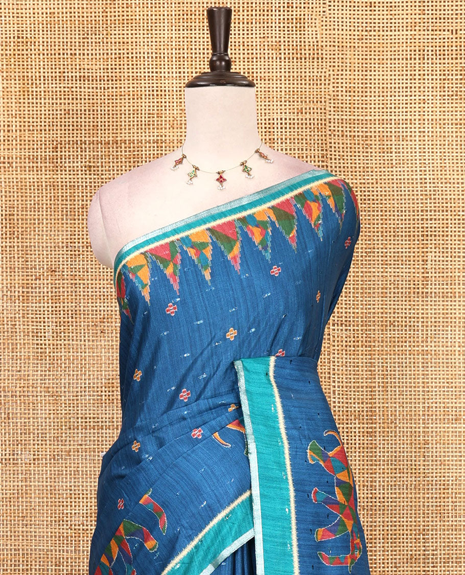 Blue buttas & kaleidoscope color elephant motifs printed katan silk saree, contrast multi-hue temple motif border, ikkat geometric print pallu & contrast printed blouse