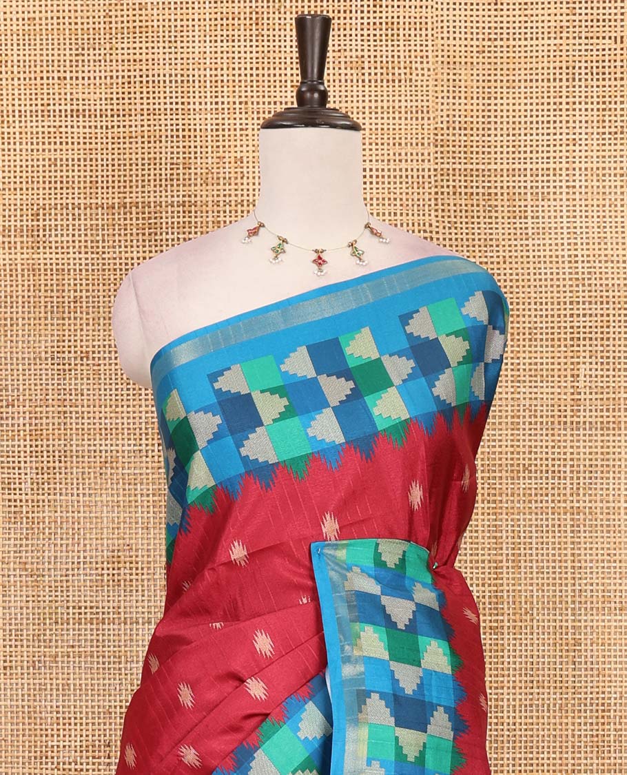 Maroon striped and buttas kathan silk saree, contrast multi-color temple border, seer printed pallu, and contrast printed blouse