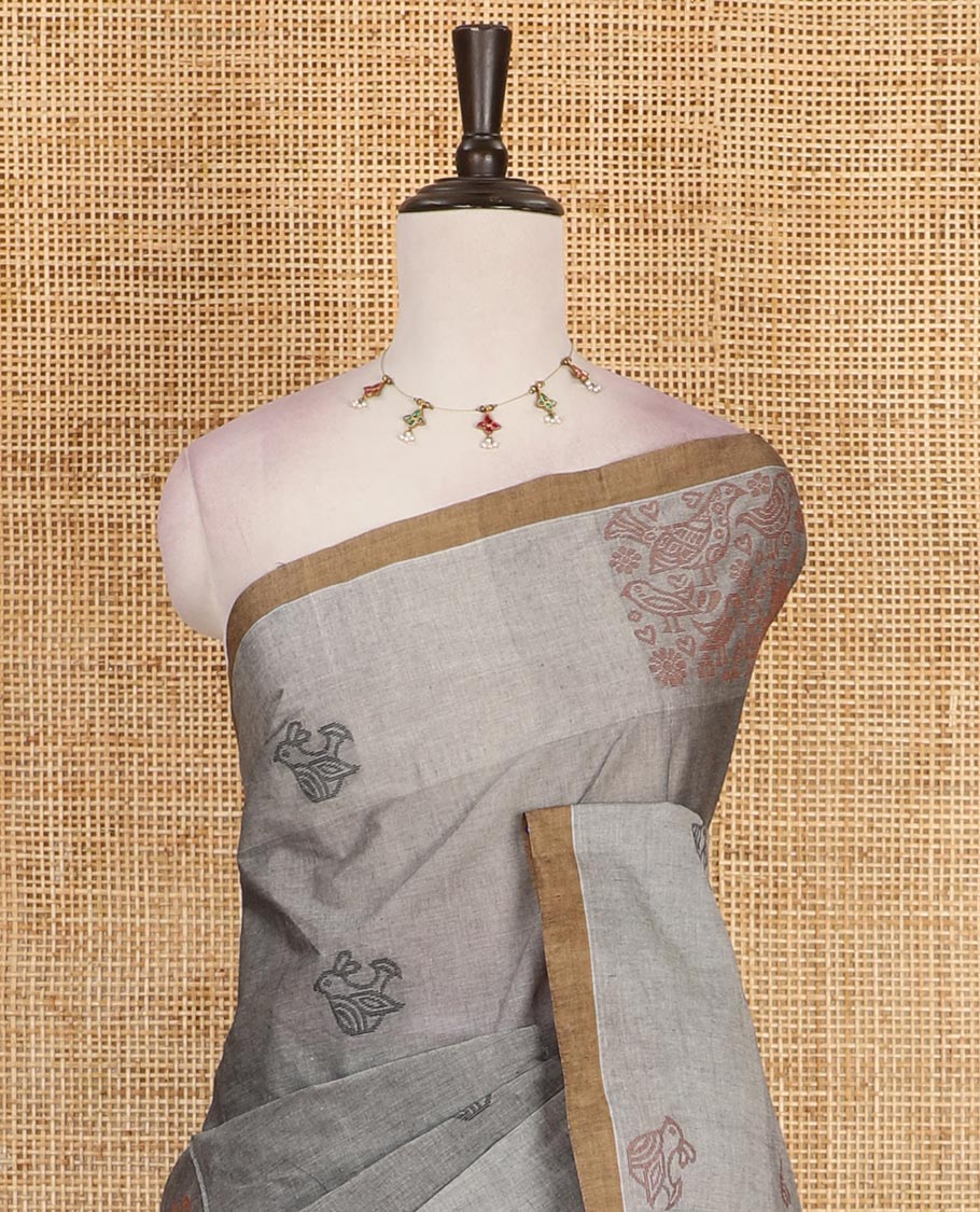 Grey bird motifs printed Handloom cotton saree, contrast piping border, pallu of bird motifs print, and a matching blouse
