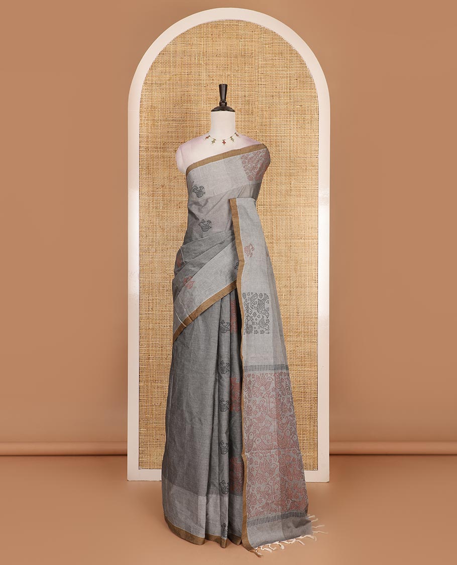 Grey bird motifs printed Handloom cotton saree, contrast piping border, pallu of bird motifs print, and a matching blouse
