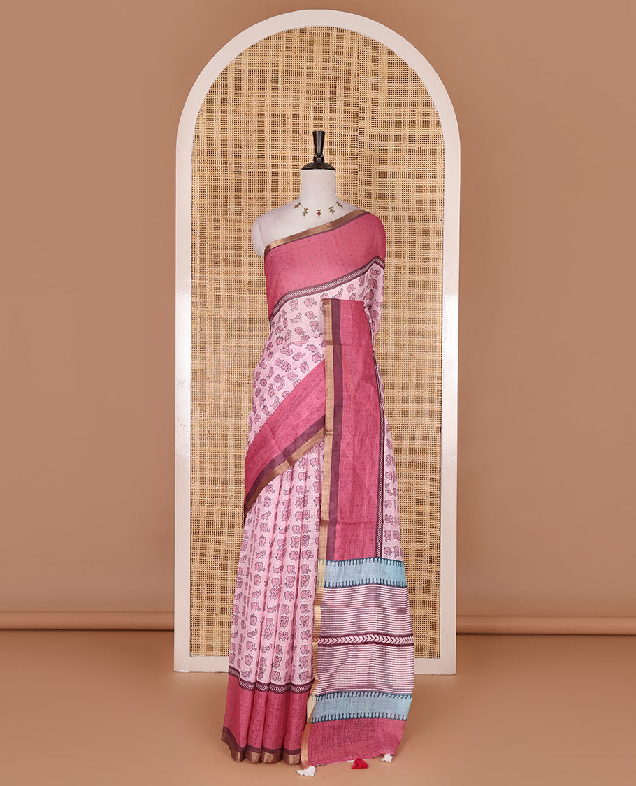 Baby pink cute elephant motifs printed linen cotton saree, contrast chevron border, pallu of stripes and chevron, and contrast printed blouse