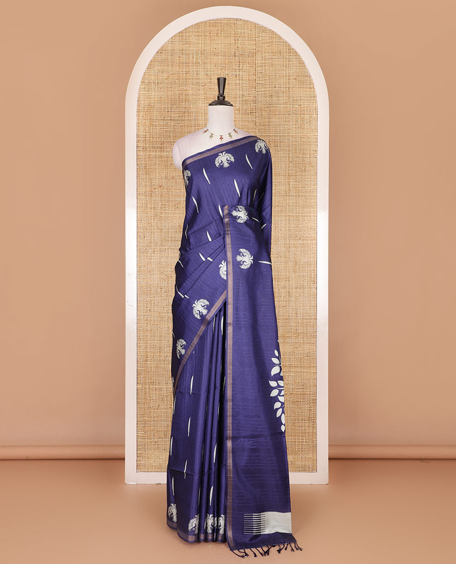 Blue jasmine bud motifs printed kathan silk saree, double-headed eagle motif zari piping border, pichwai cow printed pallu, and floral printed blouse
