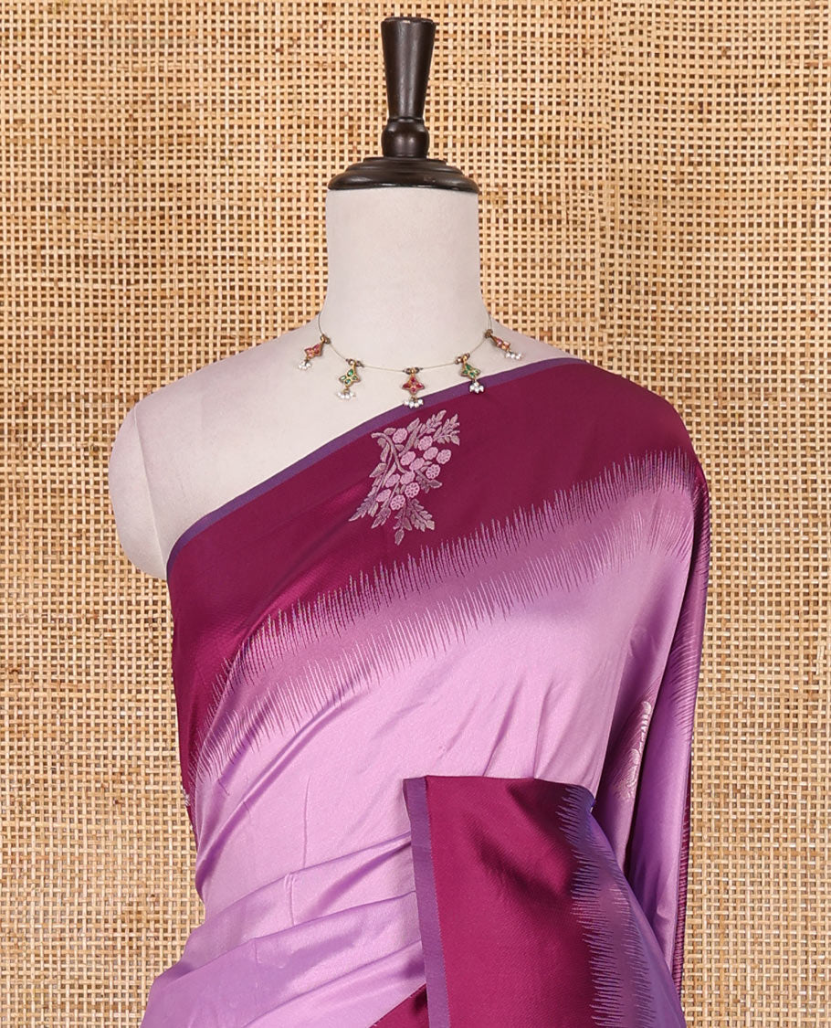 Lavender-purple floral buttas elite soft silk saree, contrast floral buttas border, and pallu of Mughal-style intricate zari designs