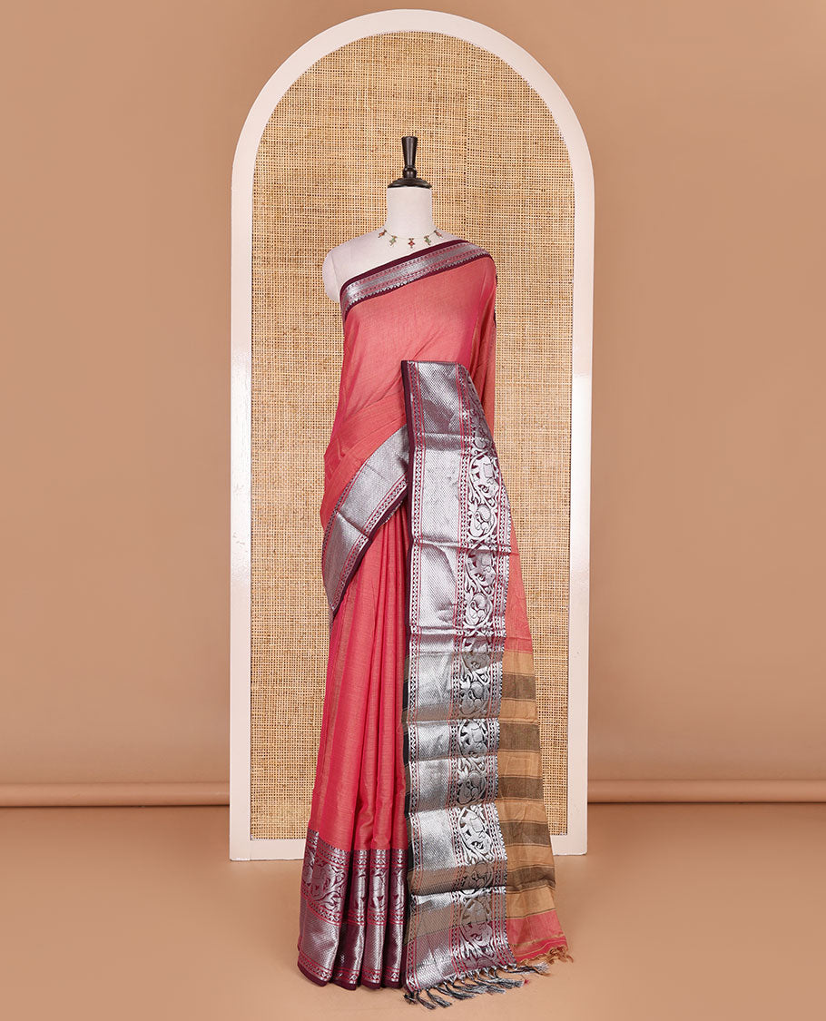 Pink plain mercerised cotton saree, contrast traditional zari border of elephant and peacock designs, striped pallu, and plain blouse