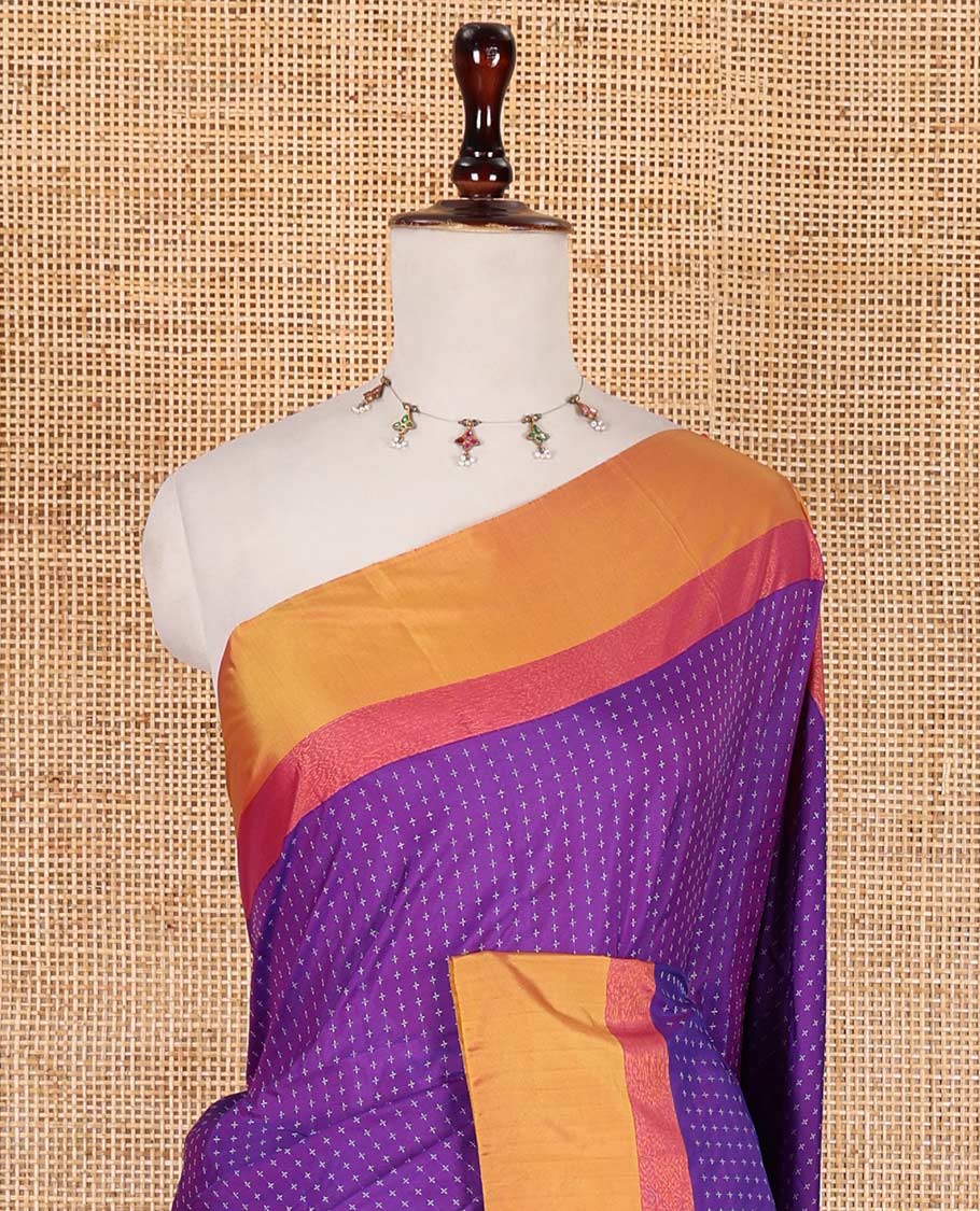 Violet-gold plus-shaped buttas steeped semi-soft silk saree, contrast satin border of stripes, striped pallu, and contrast blouse