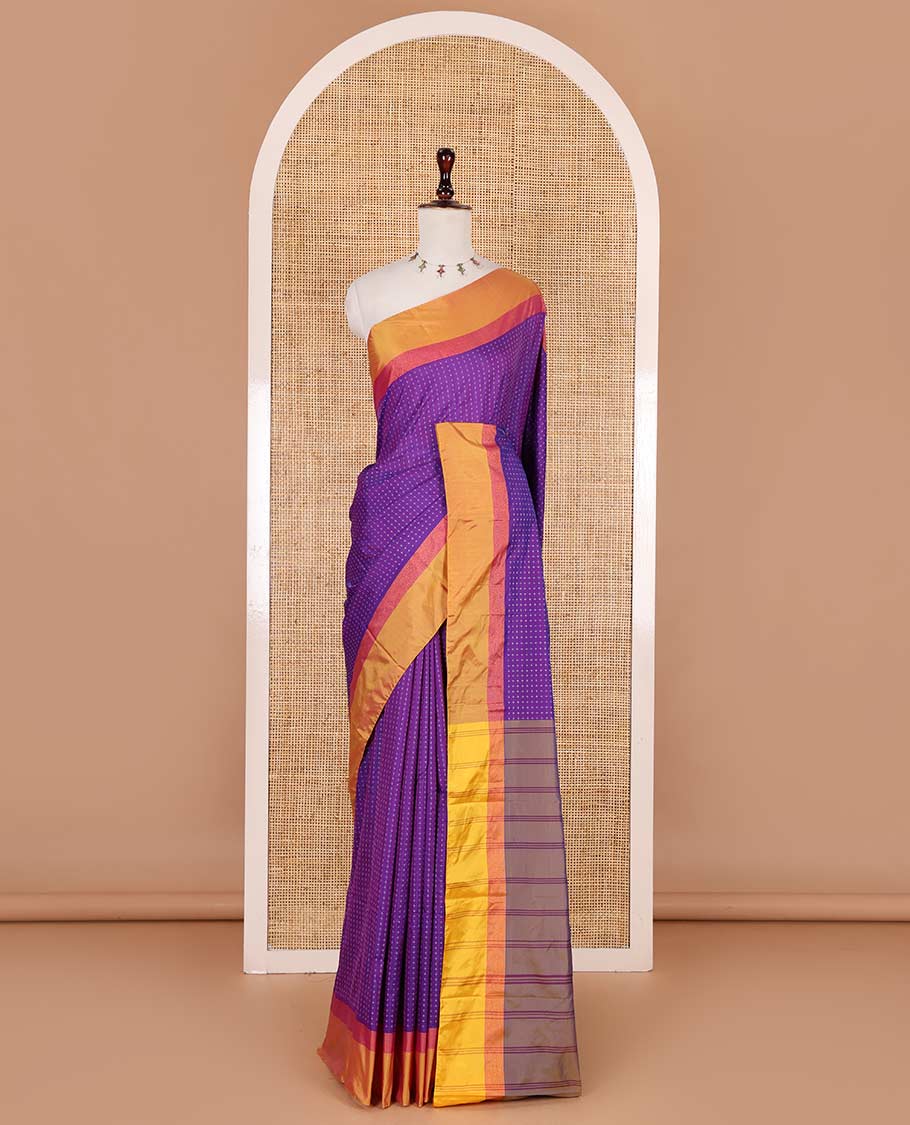 Violet-gold plus-shaped buttas steeped semi-soft silk saree, contrast satin border of stripes, striped pallu, and contrast blouse