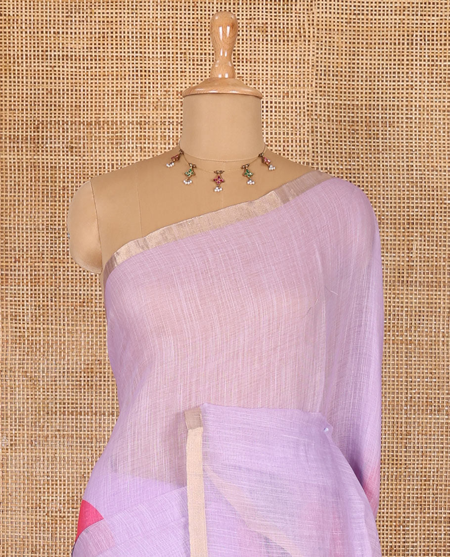 Lavender sun and deer silhouette printed linen cotton saree, gold zari piping border, printed pallu, and a matching stripes printed blouse