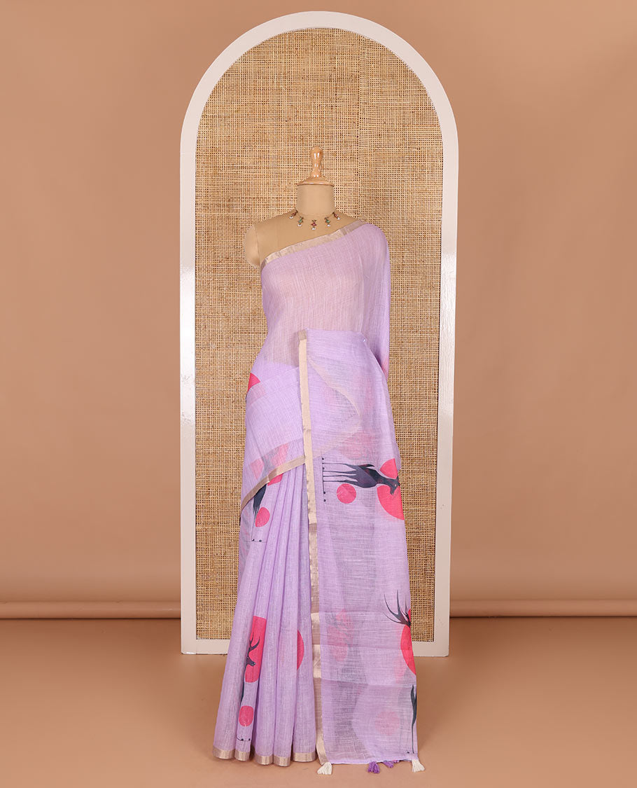 Lavender sun and deer silhouette printed linen cotton saree, gold zari piping border, printed pallu, and a matching stripes printed blouse