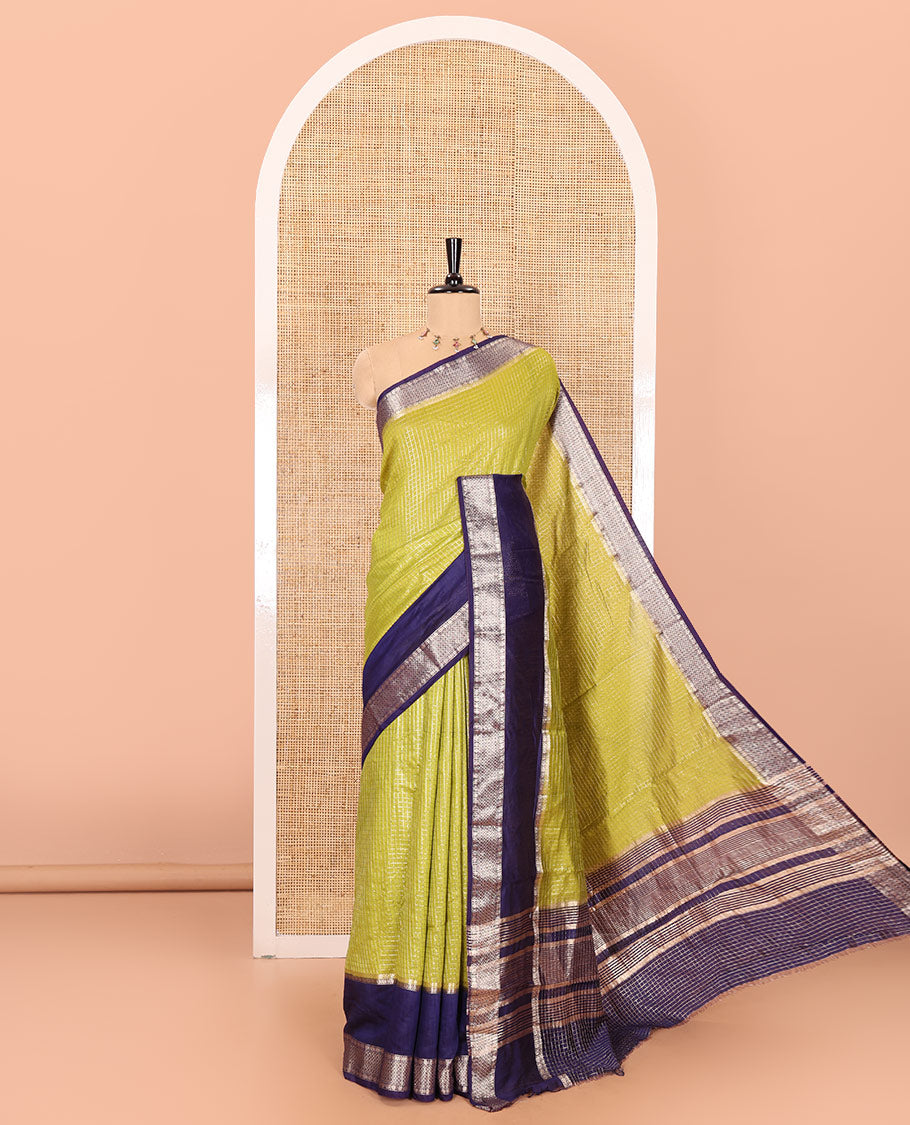 Green zari checked Assam cotton saree, contrast traditional zari design border, zari design pallu, and a contrast zari design blouse