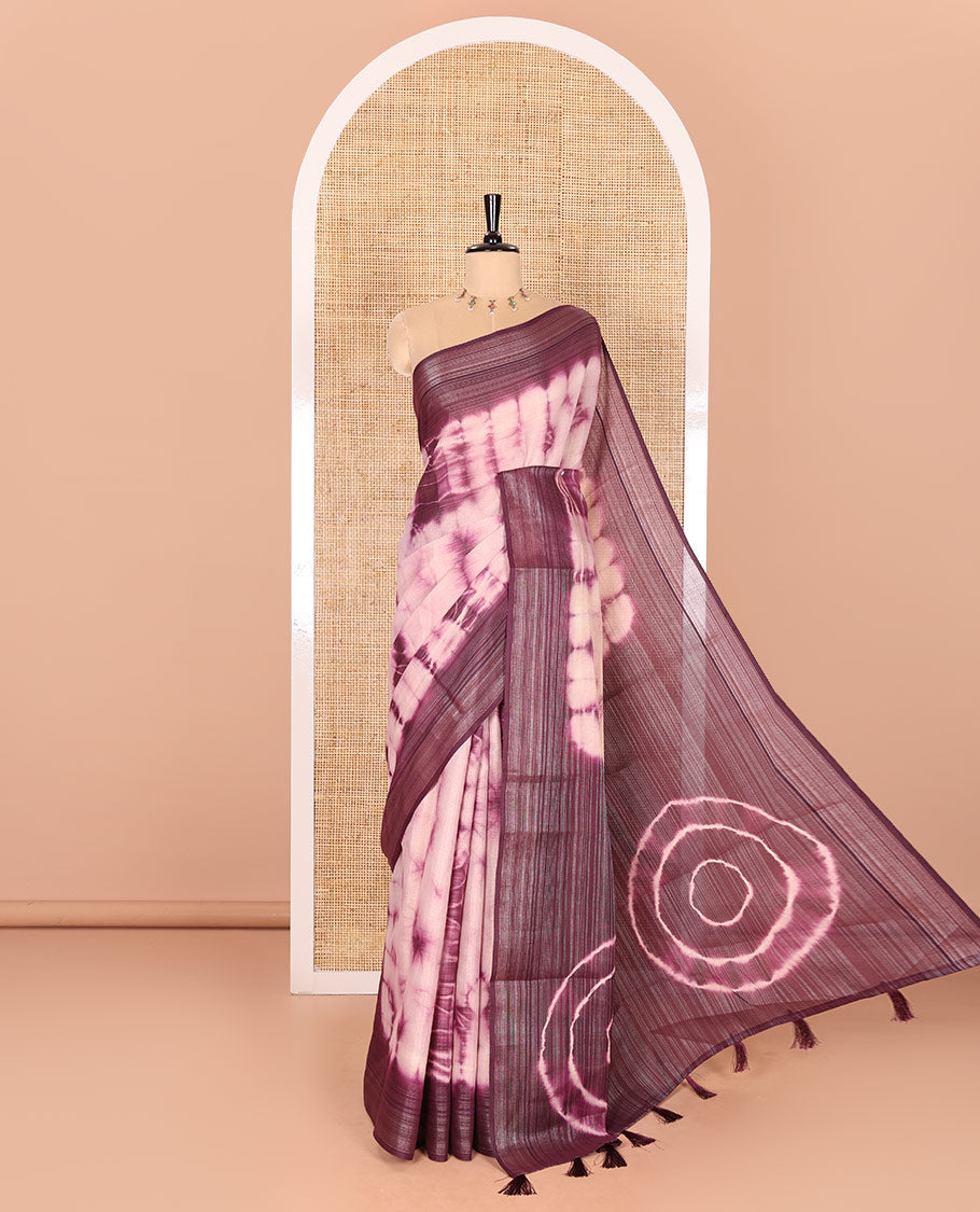 Purple Linen Cotton Saree Enlivened with Shibori Print, Complemented by a Contrast Plain Border, Featuring a Shibori-Printed Pallu, Paired with a Contrast Blouse