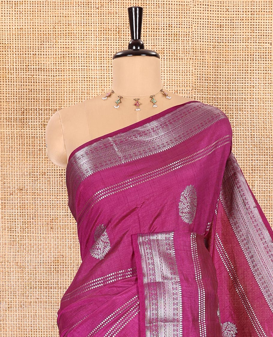 Violet Semi-Tussar Saree Adorned with Gold Zari Stripes and Elegant Paisley Zari Buttas, Featuring a Subtly Shimmering Pallu Adorned with Traditional Zari Designs, and Paired with a Matching Blouse