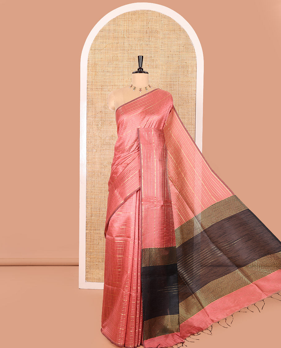 Borderless Onion Pink and Black Semi-Raw Silk Saree Detailed with Gold-Zari Horizontal Stripes All Over Its Body, Complemented by a Contrast Pallu of Stripes, and Paired with a Contrast Blouse