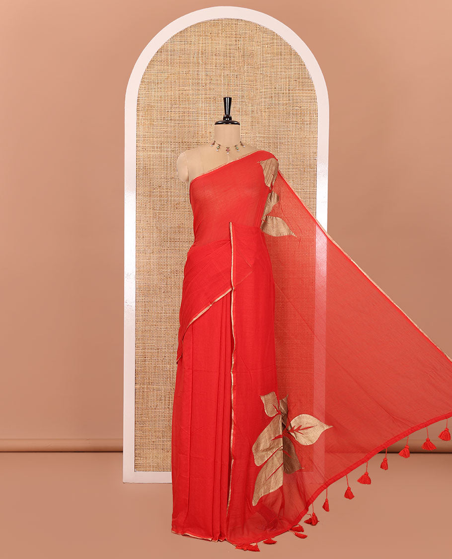 Borderless Red Khadi Mul Cotton Saree, Beautified with Big Hibiscus Floral Motifs Foil-Printed on Its Body, Subtly Sparkled Pallu of the Same Print and Tassels, and Paired with a Matching Blouse