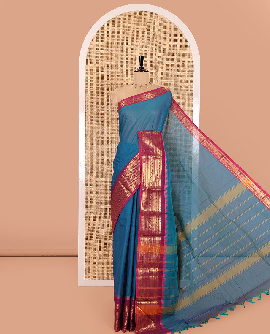 Blue Plain Chettinad Cotton Saree, Complemented by a Contrast Traditional Zari Design Woven Border of Rudraksham Designs, Subtly Striped Pallu, and Paired with a Matching Blouse