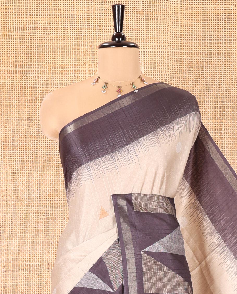 Chikku Katan Silk Saree, Detailed with Temple and Coin Buttas on Its Body, Complemented by Contrast Border of Temple Designs, Pallu of Temple Designs, and Paired with a Contrast Blouse