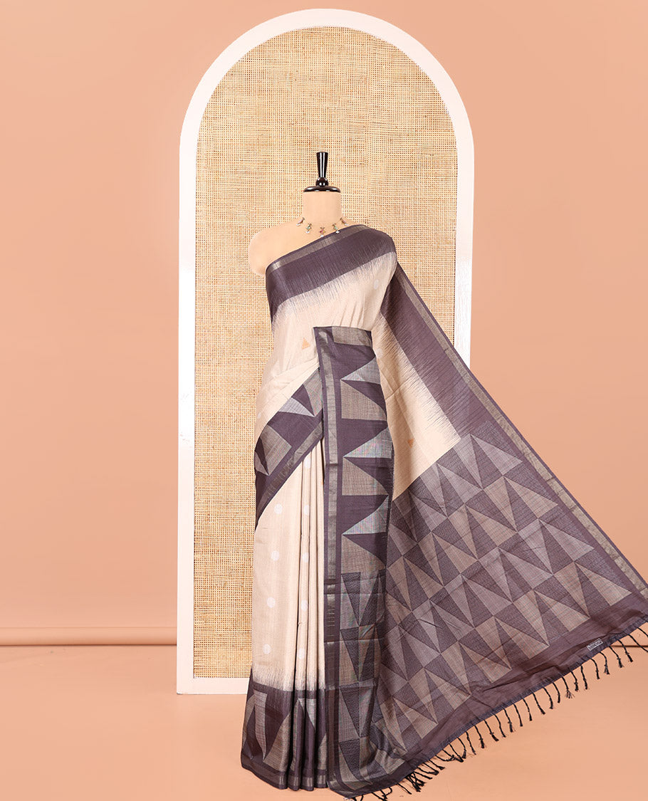 Chikku Katan Silk Saree, Detailed with Temple and Coin Buttas on Its Body, Complemented by Contrast Border of Temple Designs, Pallu of Temple Designs, and Paired with a Contrast Blouse