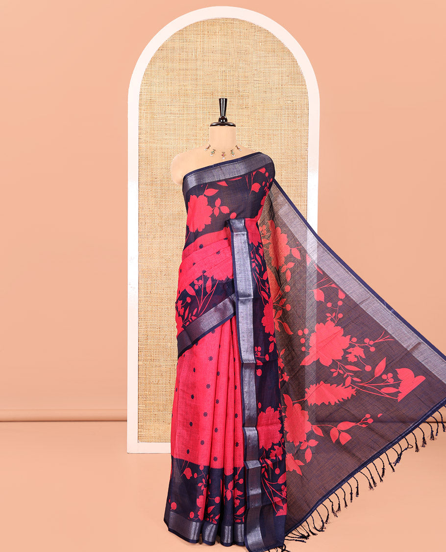 Pink Linen Cotton Saree, Beautified with Silhouette-Style Floral Vine Printed on Its Body, Subtly Zari Bavanji Border, Pallu of Same Floral Print, and Paired with a Matching Blouse