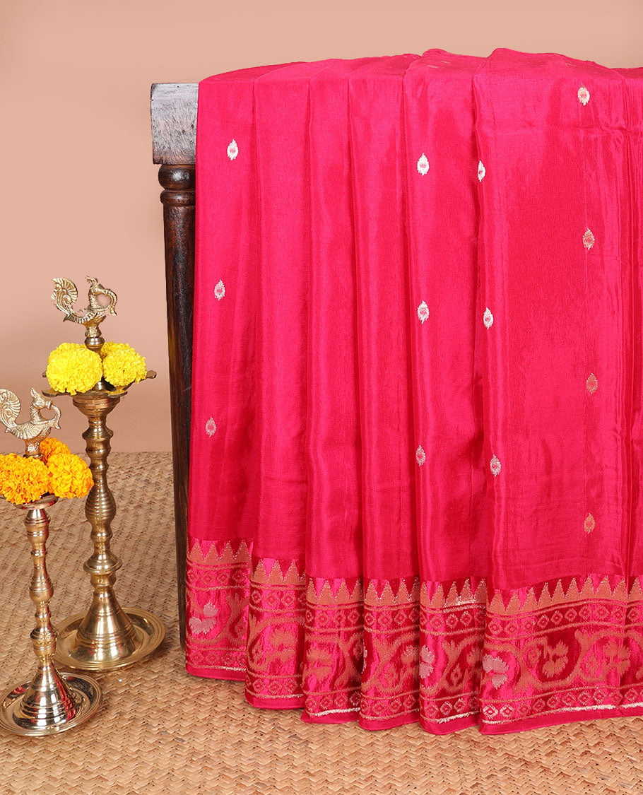 Rani pink zari butta dola silk saree with patola style design, temple border & rich pallu along with plain blouse