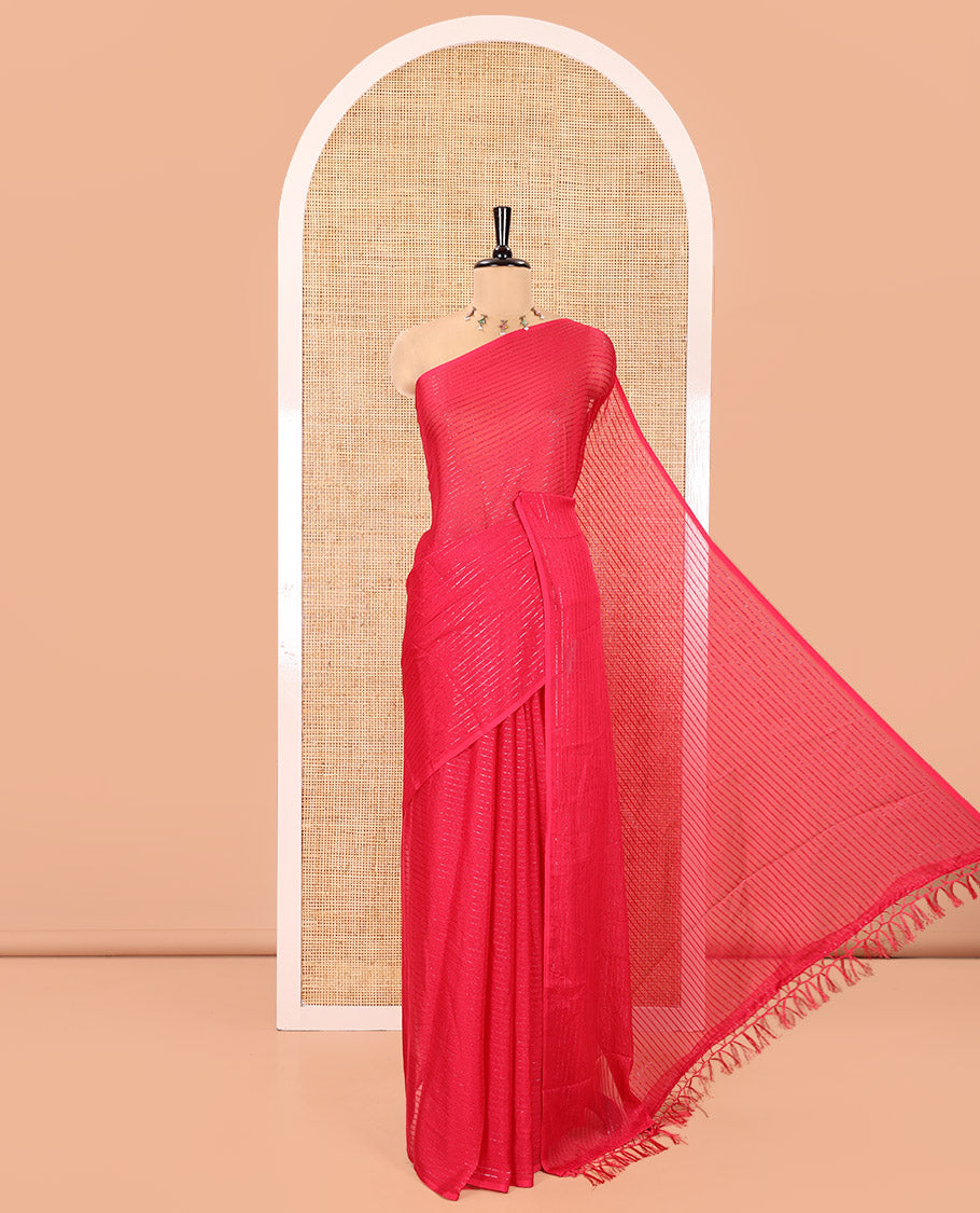 Borderless Rani Chiffon Saree, Gleamed Up with Horizontal Stripes on Its Body, a Self-Pallu, and Comes Without a Blouse