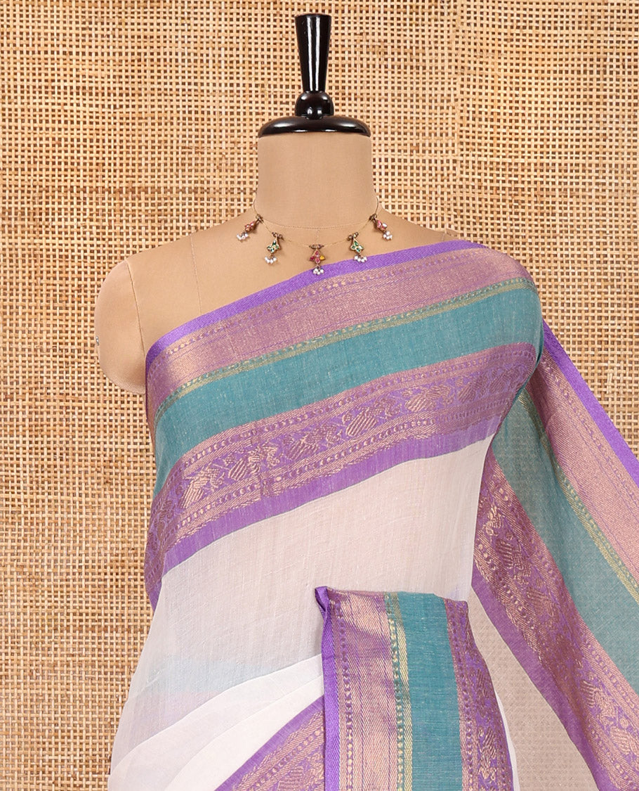 Cream Plain Khadi Mul Cotton Saree, Complemented by a Contrast Rettai Pettu Traditional Zari Design Border, a Self-Pallu, and Paired with a Matching Blouse
