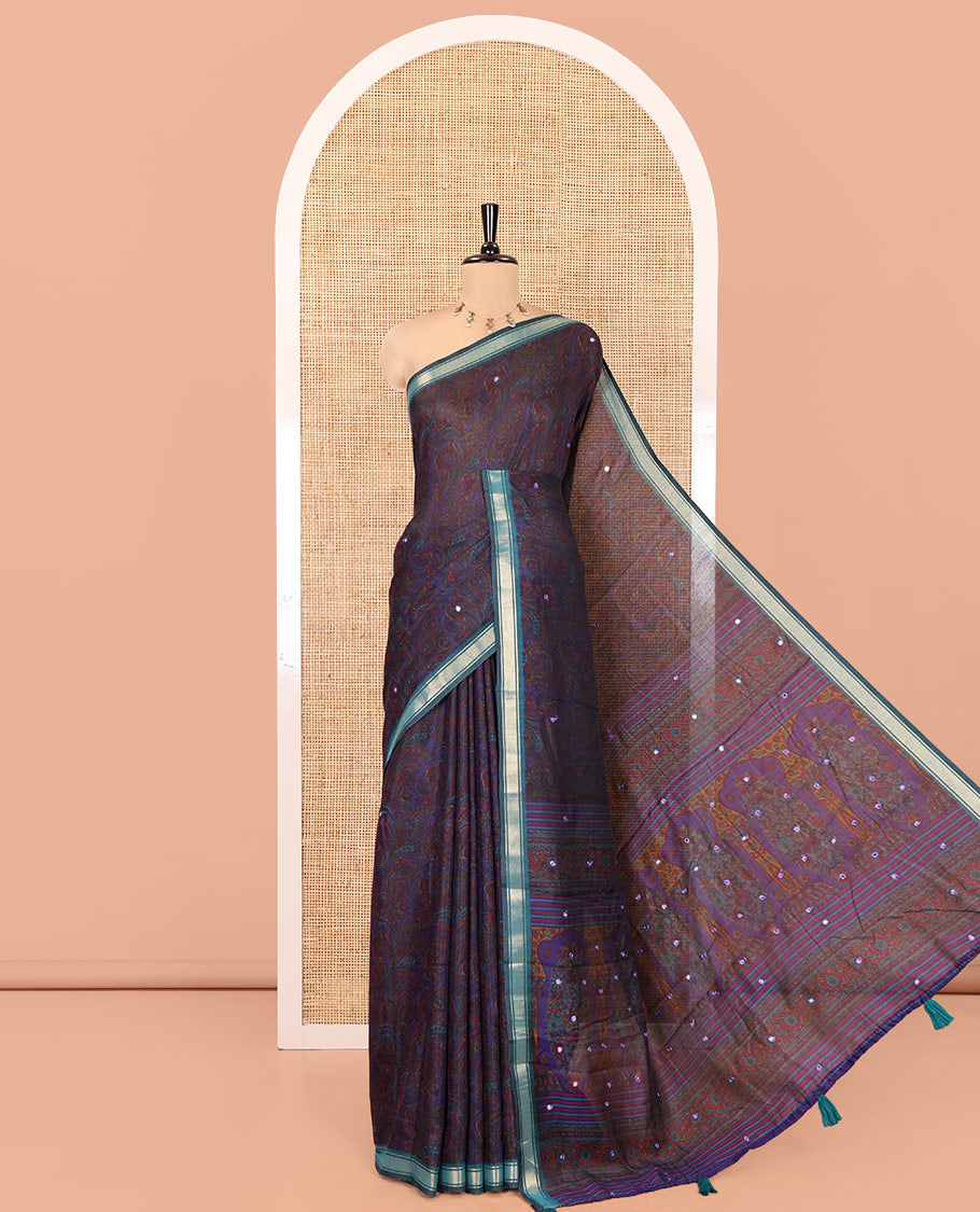 Navy Blue Chanderi Cotton Saree, Adorned with Intricate Paisley Pattern Print and Mirror Work on Its Body, Complemented by Contrast Border, an Intricately Designed Pallu, and Paired with a Contrast Blouse