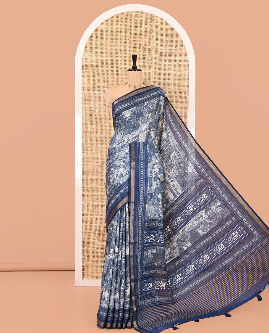 Indigo Blue Muslin Cotton Saree, Creatively Printed with Mughal-Themed Motifs on Its Body, a Subtle Geometric Printed Border, Striped Pallu, and Paired with a Matching Blouse