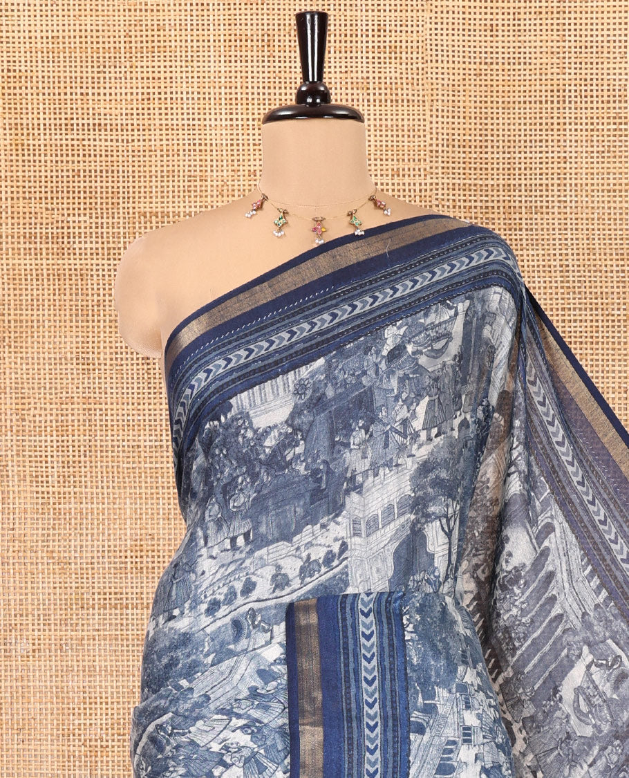 Indigo Blue Muslin Cotton Saree, Creatively Printed with Mughal-Themed Motifs on Its Body, a Subtle Geometric Printed Border, Striped Pallu, and Paired with a Matching Blouse