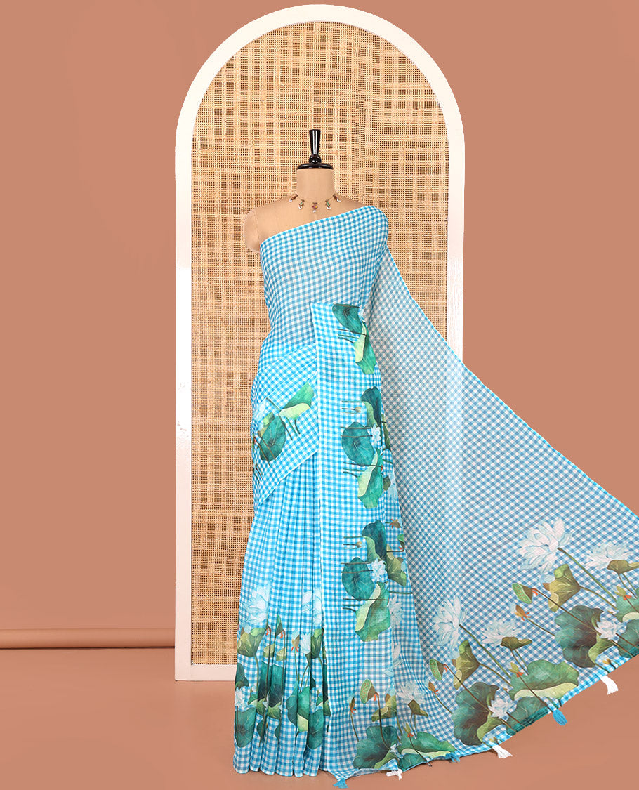 Borderless Blue Linen Cotton Saree, Bedecked with Micro-Checks and Pichwai Lotus Print, a Subtle Pallu, and a Matching Blouse
