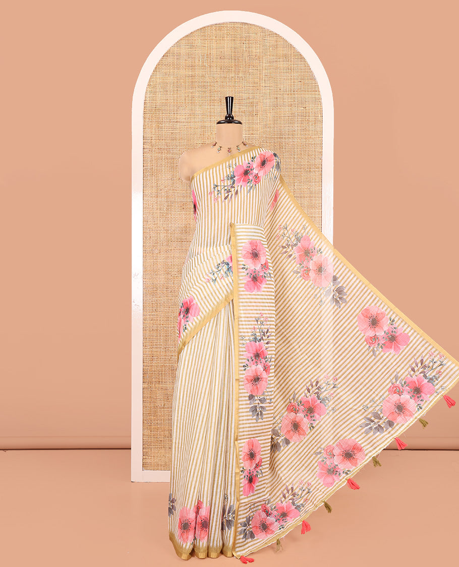 Mustard Linen Cotton Saree, Subtly Sparkled With Vertical Stripes, and Floral Motifs Print, A Subtle Piping Border, Floral Printed Pallu and a Matching Blouse