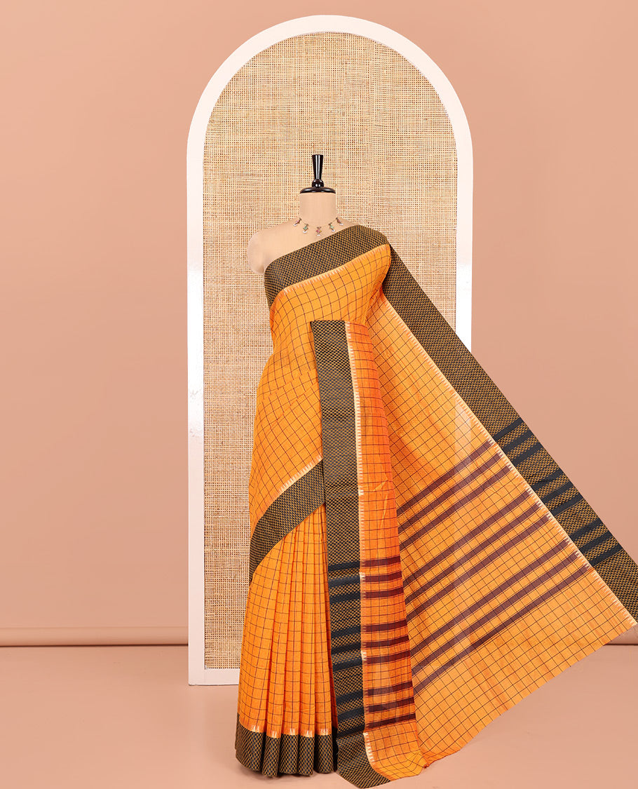 Orange Checked Mercerised Cotton Saree, Contrast Temple Ara Maadam Border, Striped Pallu, and Matching Blouse