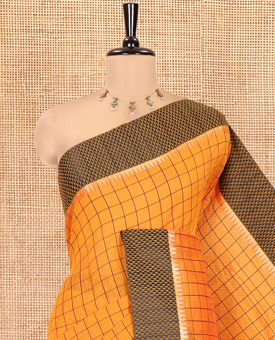 Orange Checked Mercerised Cotton Saree, Contrast Temple Ara Maadam Border, Striped Pallu, and Matching Blouse