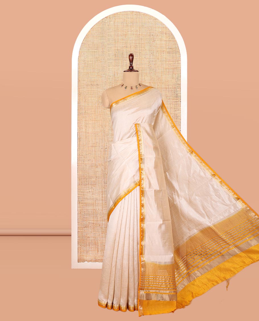Chikku-Mustard Plain Semi-Tussar Saree, Complemented by Contrast Floral Creeper Zari Border, Striped Pallu and a Contrast Blouse