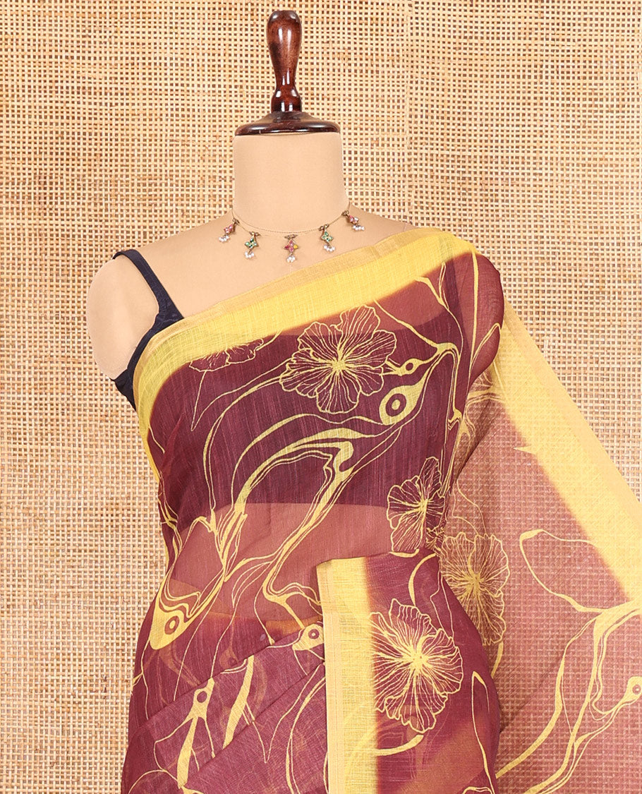 Brown Abstract Printed Linen Cotton Saree, Complemented by a Contrast Border, Floral Printed Pallu, and a Contrast Blouse