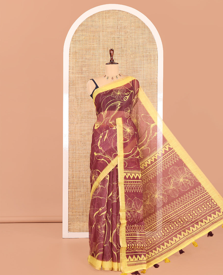 Brown Abstract Printed Linen Cotton Saree, Complemented by a Contrast Border, Floral Printed Pallu, and a Contrast Blouse