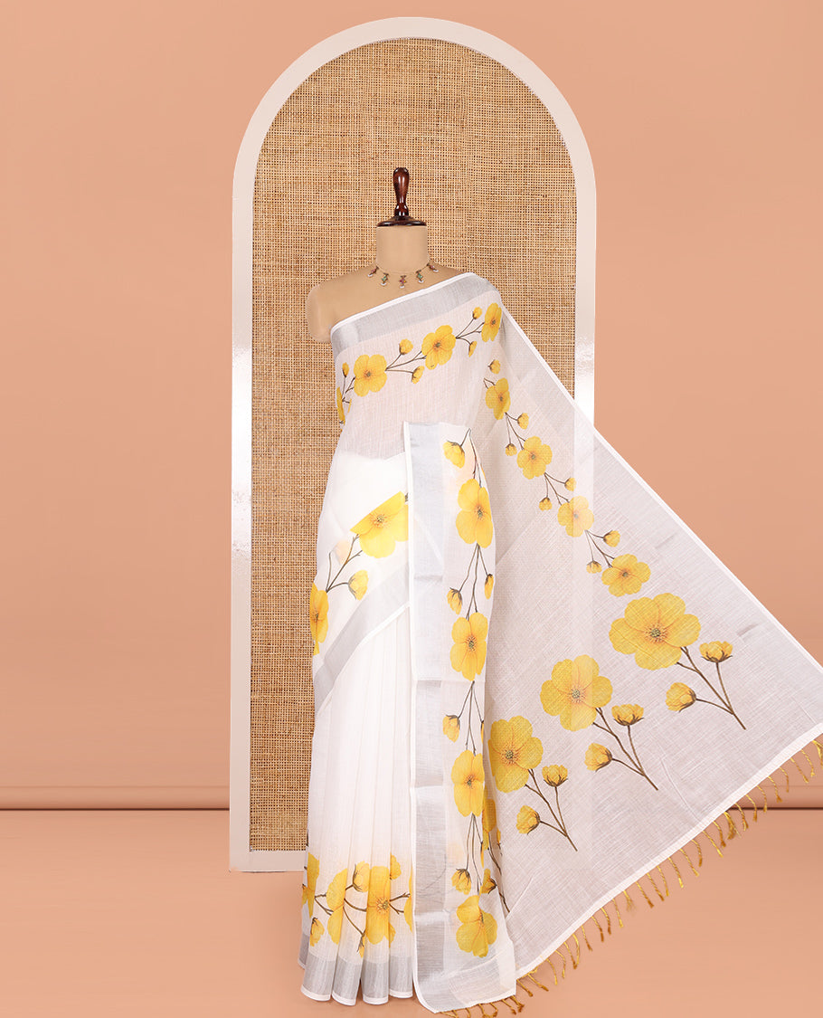 White-Yellow Linen Cotton Saree, Beautified with Floral Print, a Subtle Zari Border, and a Matching Blouse