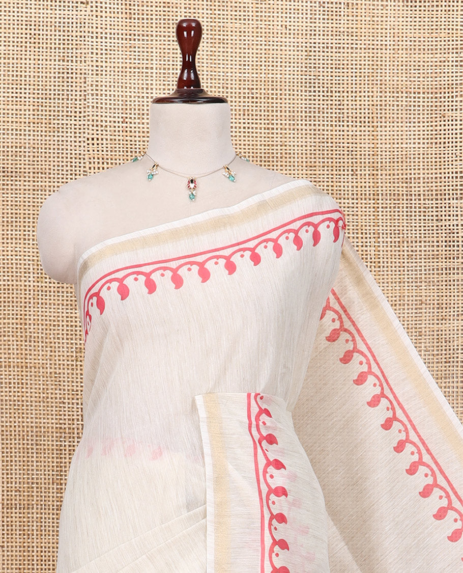 Chikku Jute Cotton Saree, a Subtle Paisley Printed Border, Pichwai Lotus Printed Pallu, and a Matching Blouse