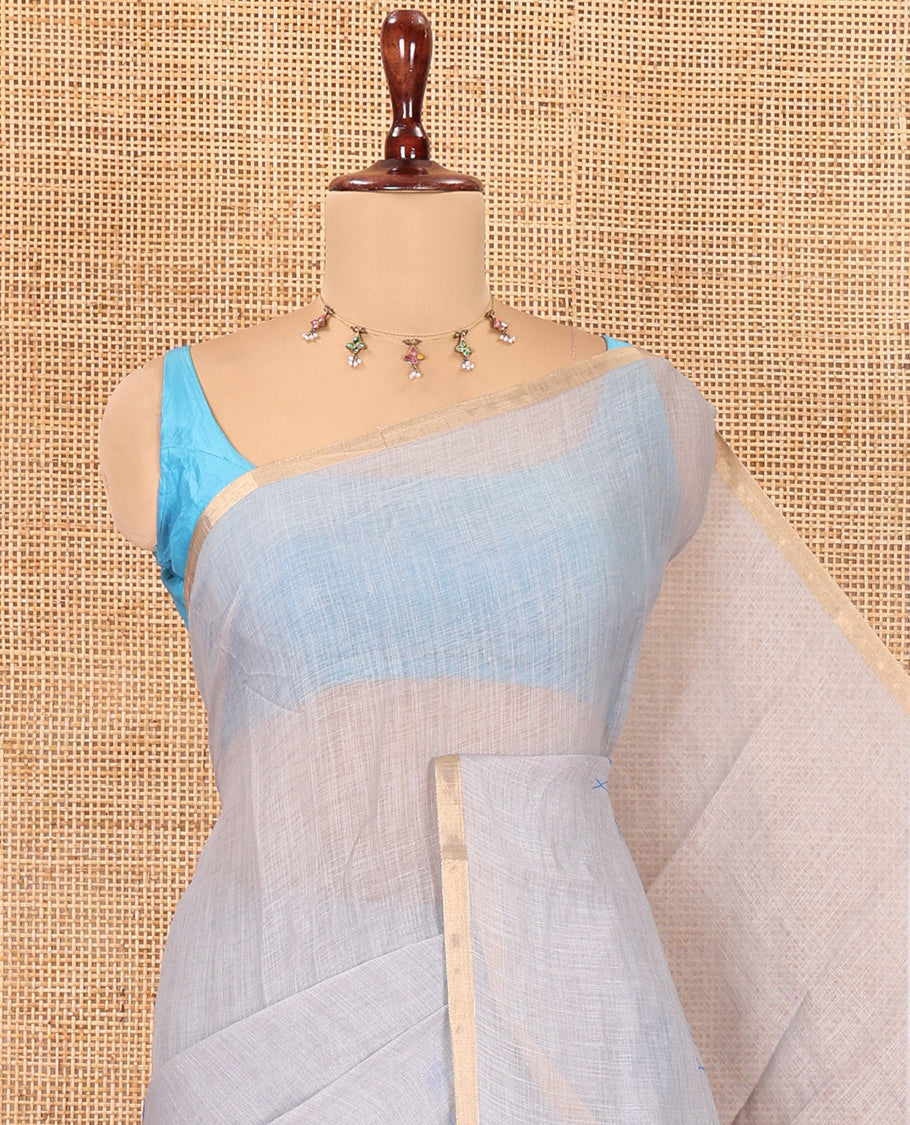 Borderless Grey Linen Cotton Saree Features Lotus Print, a Self-Pallu, and a Matching Blouse