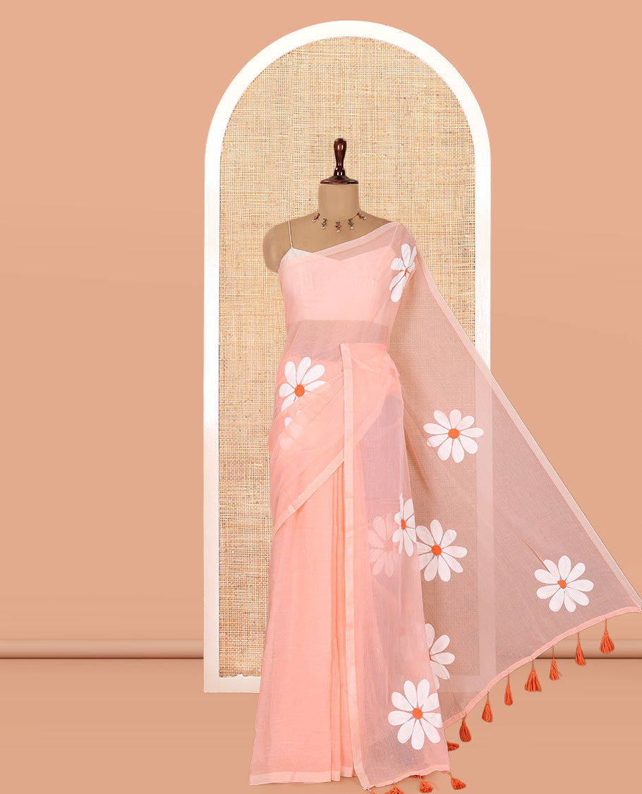 Borderless Peach Daisy Flower Printed Khadi Mul Cotton Saree Without Blouse