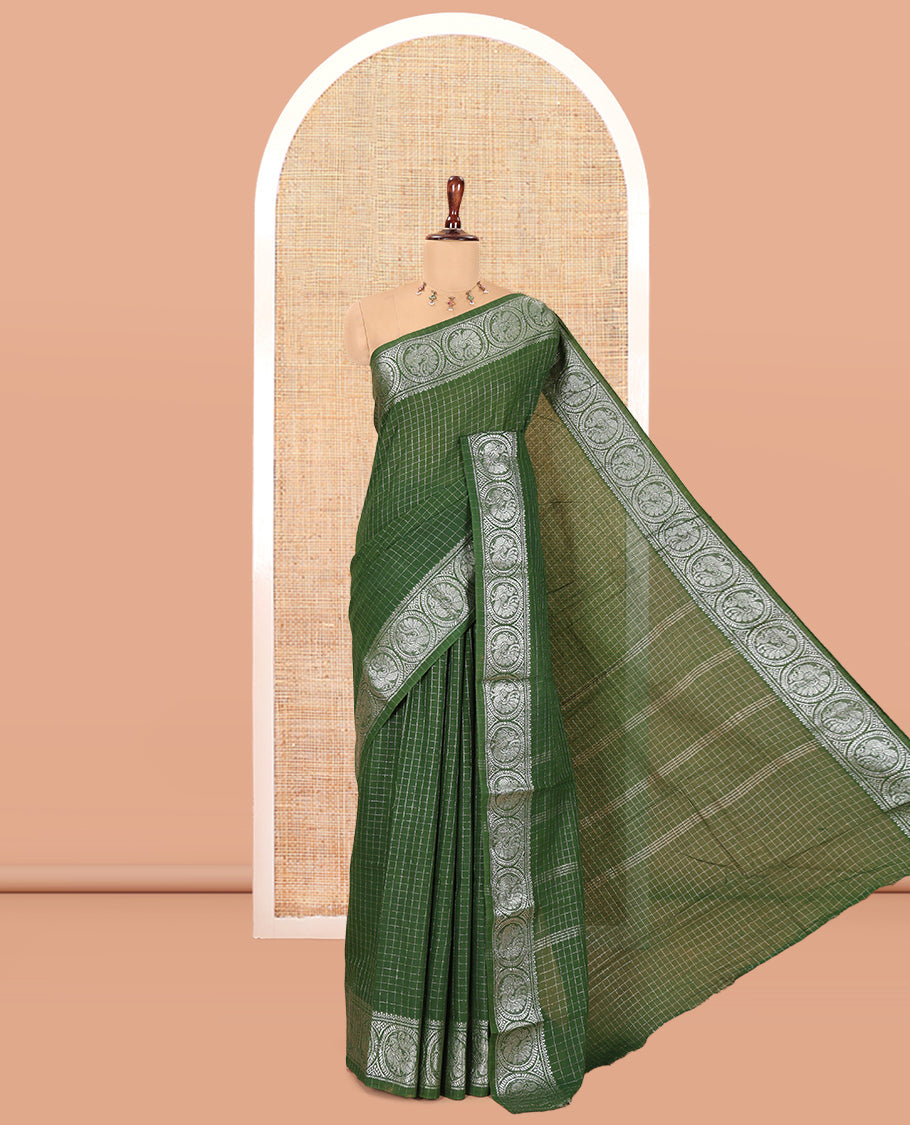 Green Zari Checked Sungudi Cotton Saree, a Zari Peacock Motif Border, Checked Pallu, and Matching Blouse