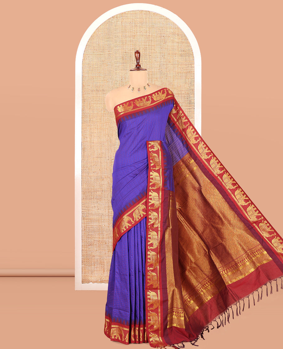 Royal Blue Checked Kalyani Cotton Saree, a Contrast Temple Elephant Motif Border, Grand Jaal Pallu, and a Contrast Blouse