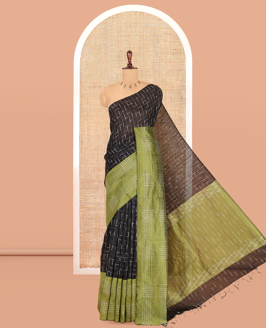 Black Semi-Raw Silk Saree Features Maze-Like Checks, a Contrast Checked Border, Striped Pallu, and a Contrast Blouse