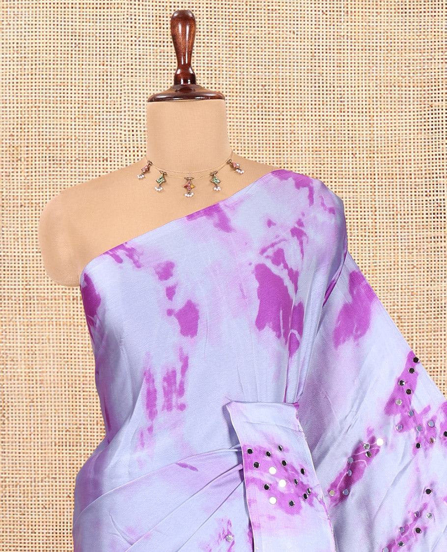 Borderless Lavender Satin Crepe Saree, Ornamented with Shibori Print and Mirror Work, a Matching Blouse