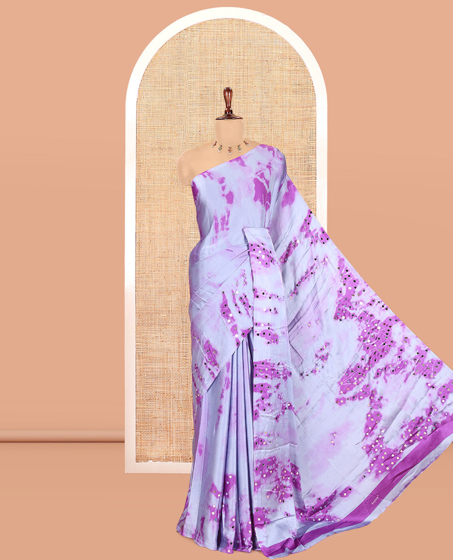 Borderless Lavender Satin Crepe Saree, Ornamented with Shibori Print and Mirror Work, a Matching Blouse