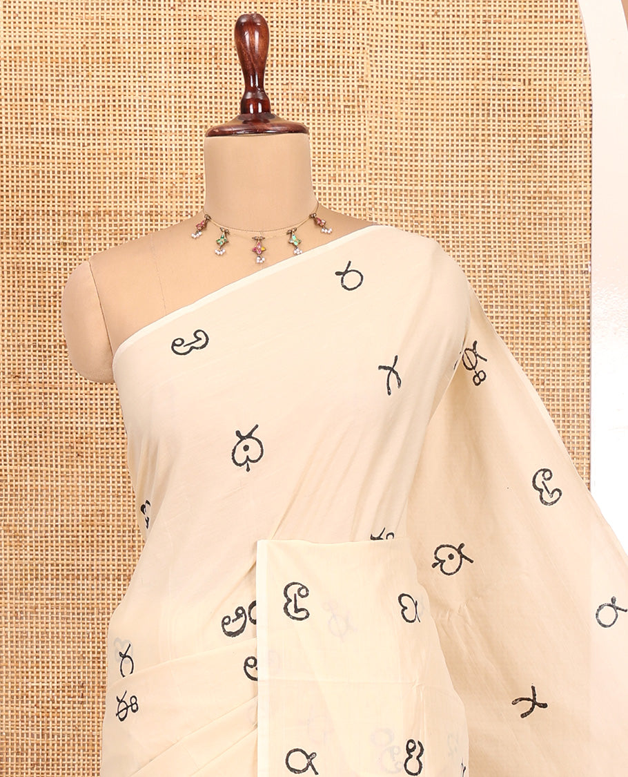 Cream Telugu Letter South Cotton Saree