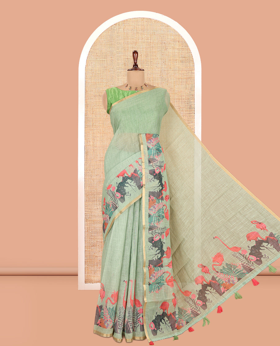 Pista Green Plain Linen Cotton Saree