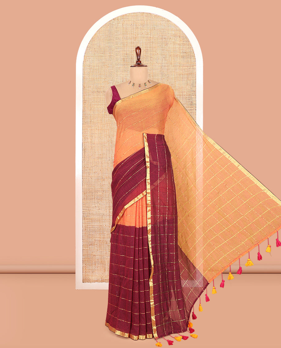 Orange-Purple Khadi Mul Cotton Saree